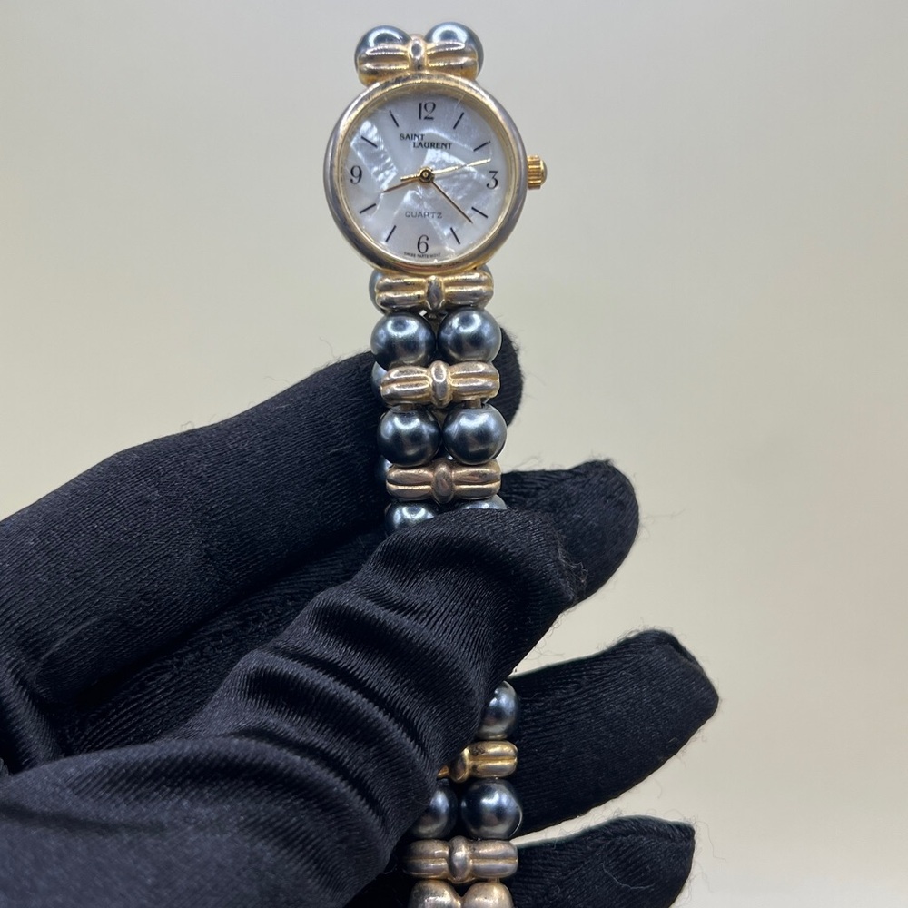 Vtg Saint Laurent Quartz Watch Swiss Movt Gold Tone Faux Pearl Bracelet MOP Dial - Picture 16 of 17